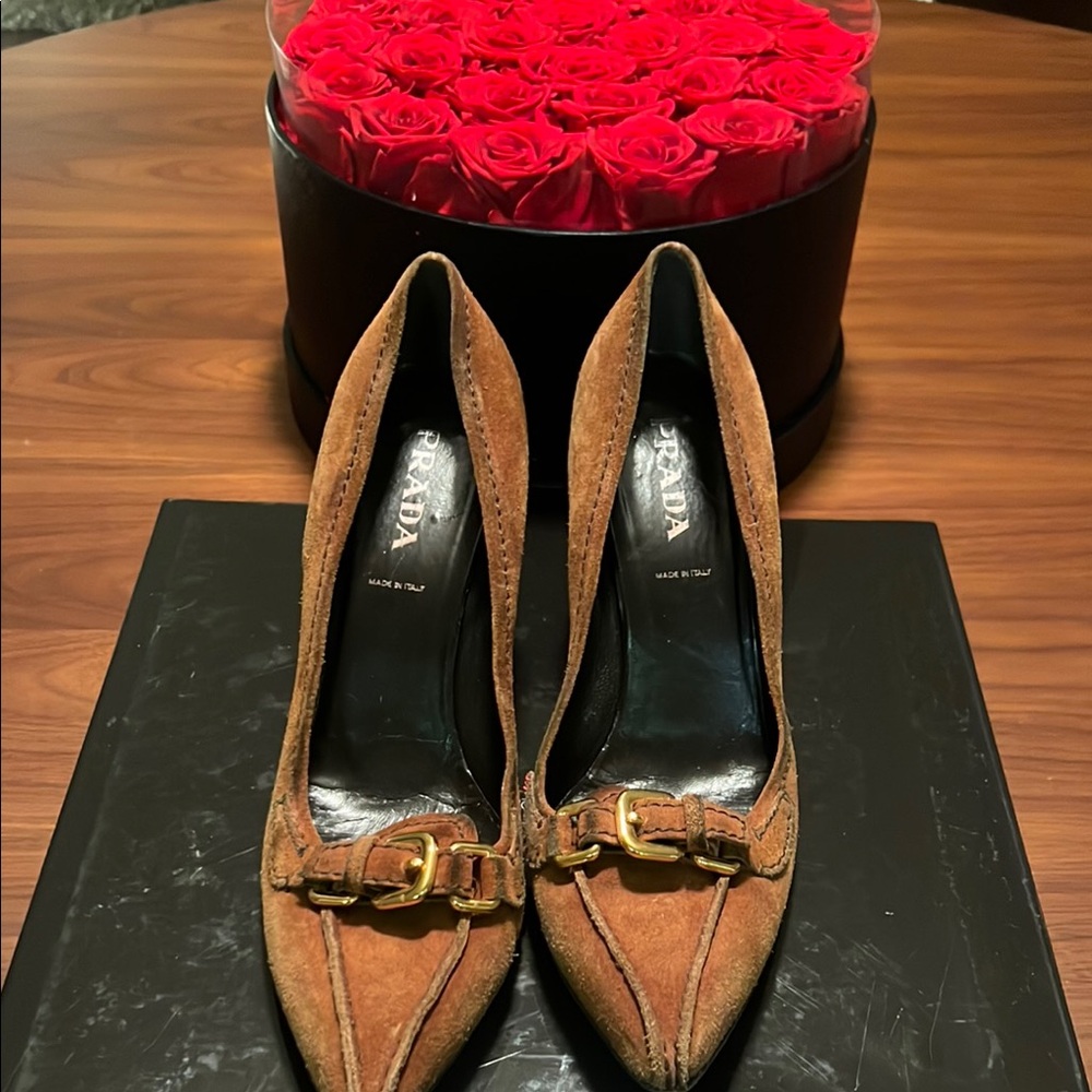 Prada Brown Heels with Suede Finish and Gold Buckle